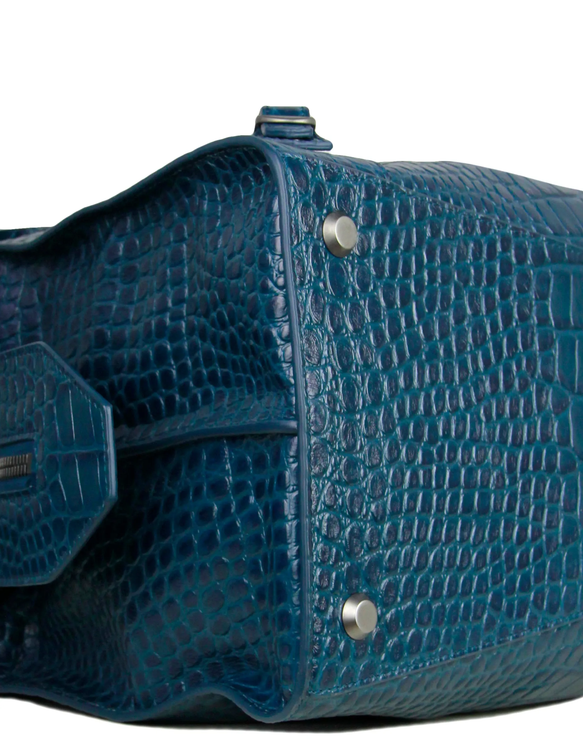 Balenciaga UNISEX Teal Croc Embossed Leather Neo Classic Medium Handbag