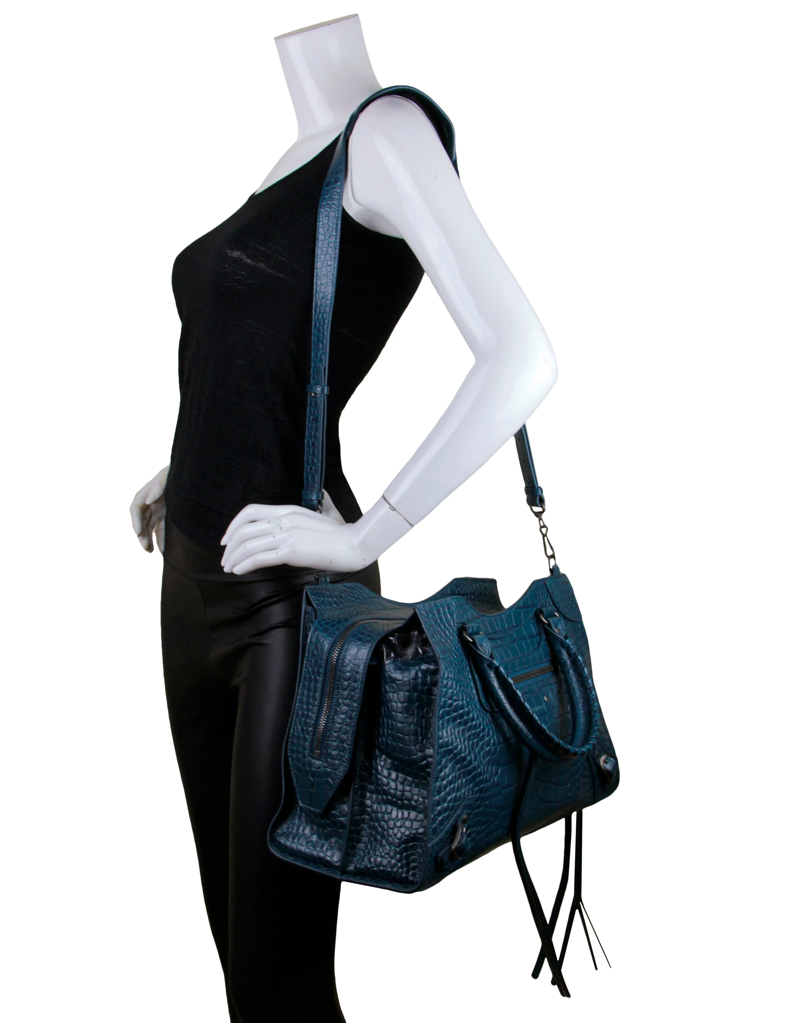 Balenciaga UNISEX Teal Croc Embossed Leather Neo Classic Medium Handbag