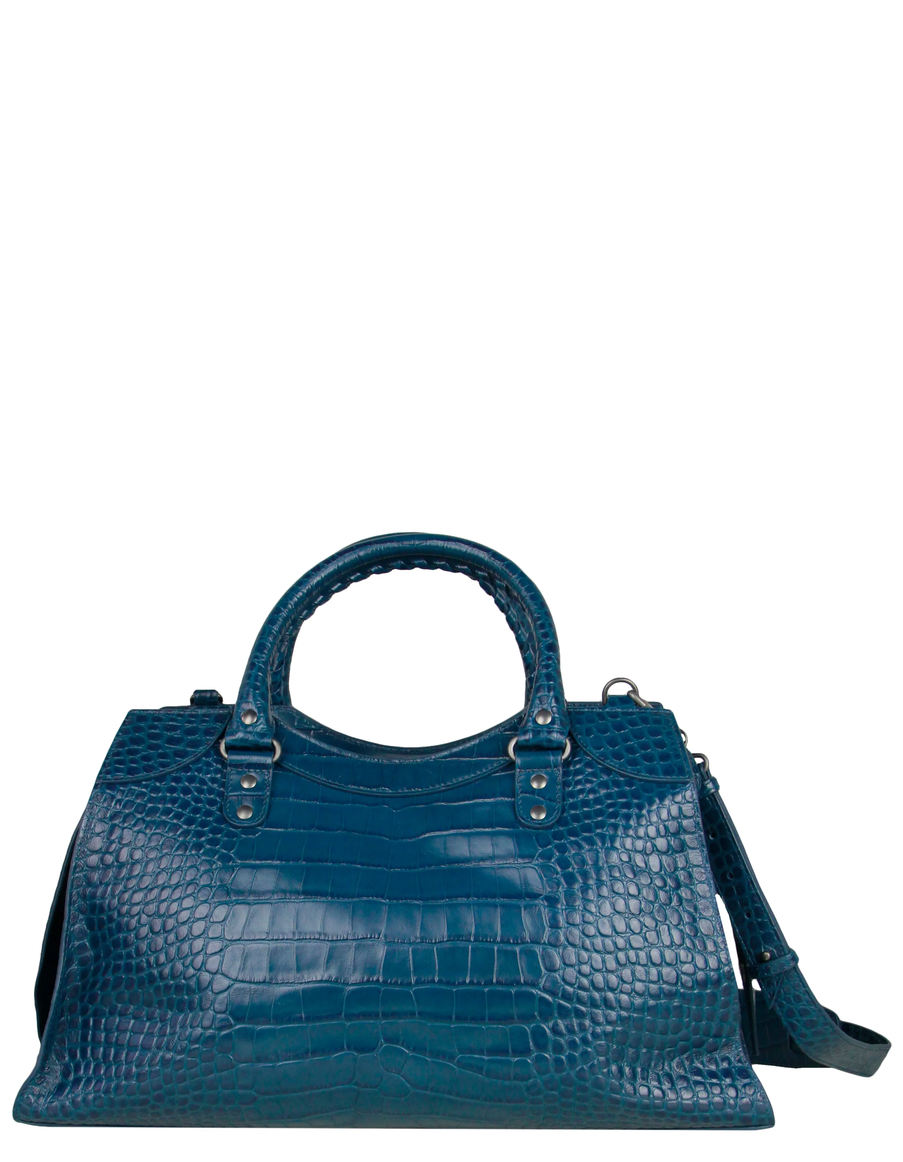 Balenciaga UNISEX Teal Croc Embossed Leather Neo Classic Medium Handbag