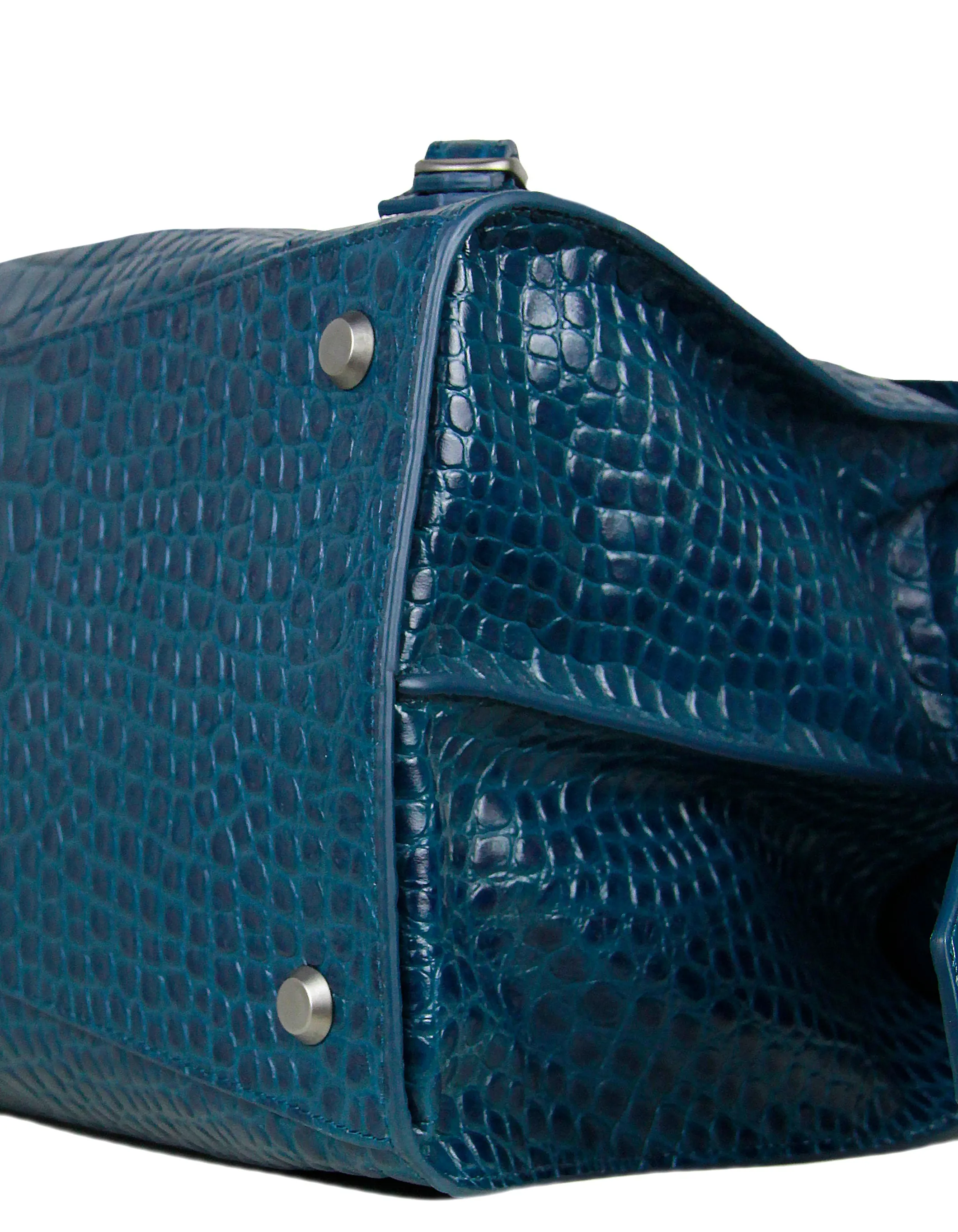 Balenciaga UNISEX Teal Croc Embossed Leather Neo Classic Medium Handbag