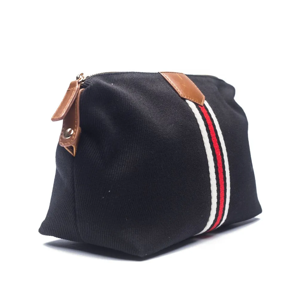 BLACK CANVAS STRIPED TOILETRY BAG