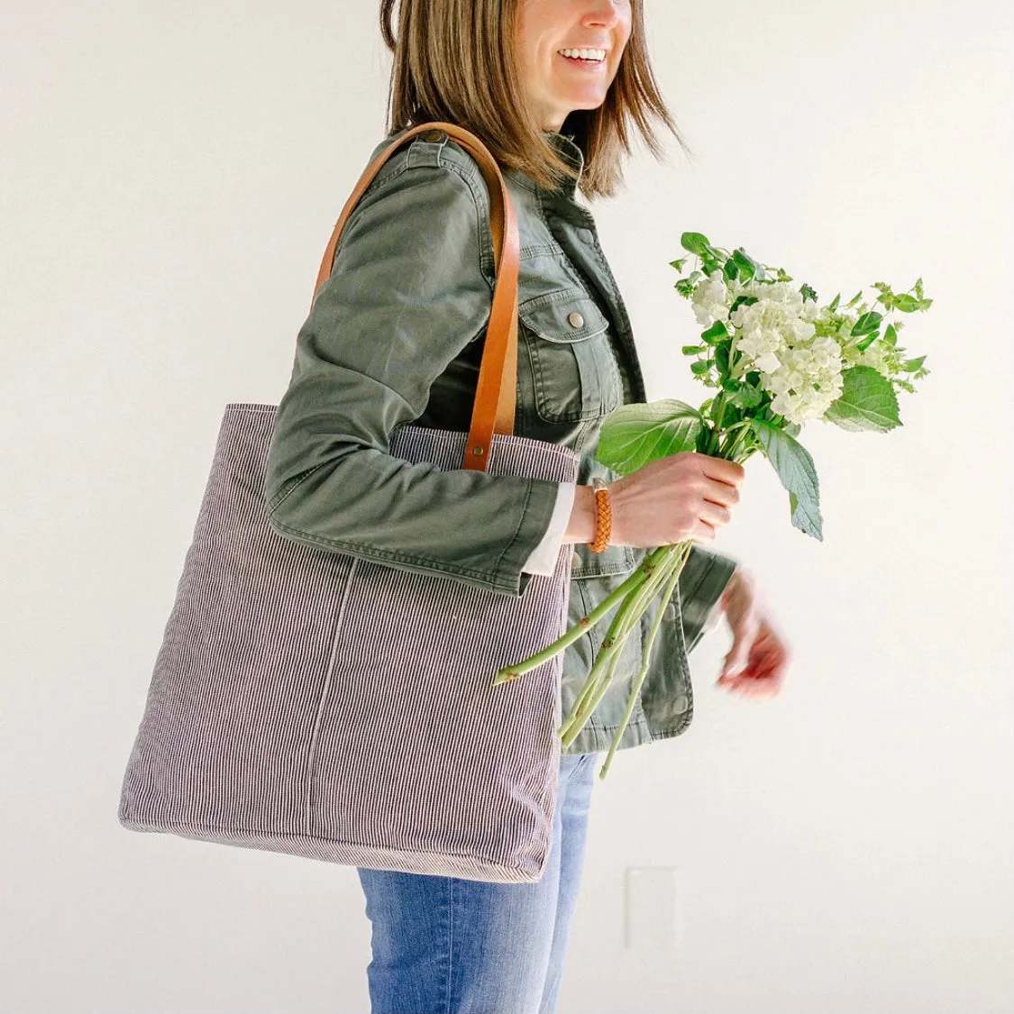 Blue and White Railroad Stripe City Tote Waxed Denim Bag with Handmade Leather Straps