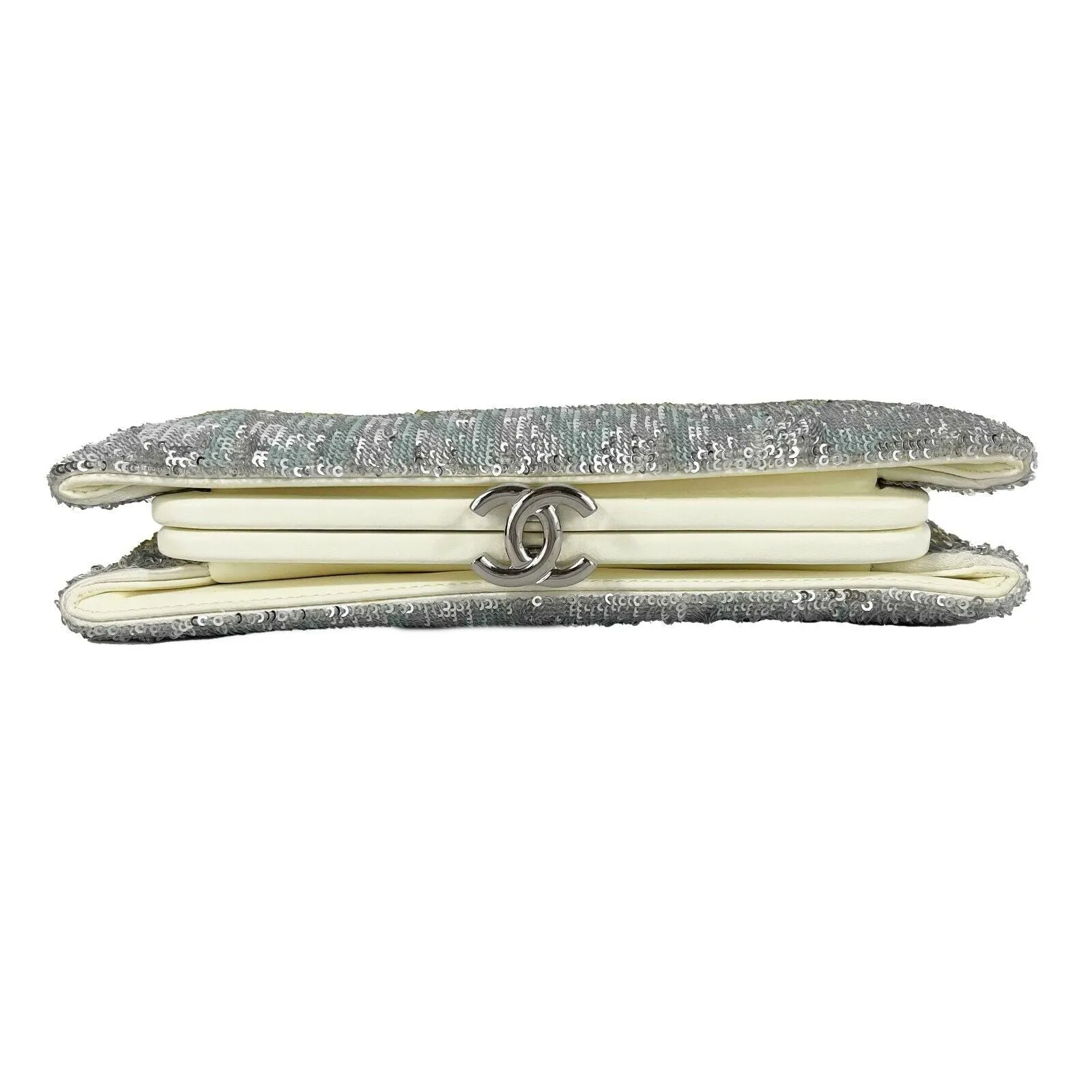 CHANEL - La Pausa Small Embroidered Satin Silver Sequin Clutch Bag