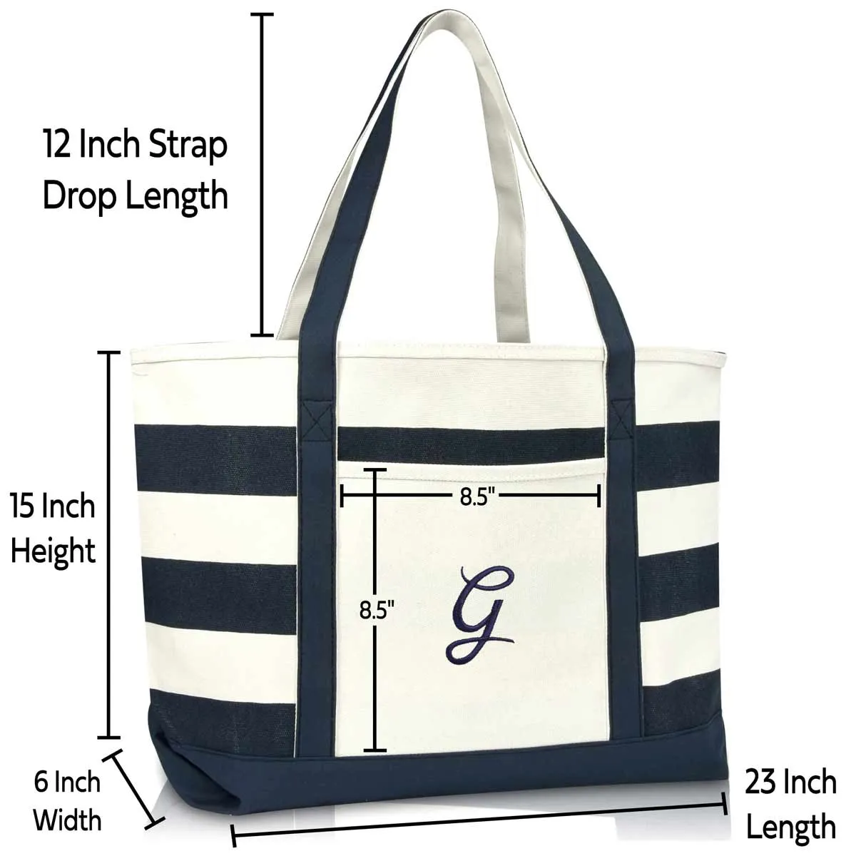 Dalix Premium Beach Bags Striped Navy Blue Zippered Tote Bag Monogrammed A-Z