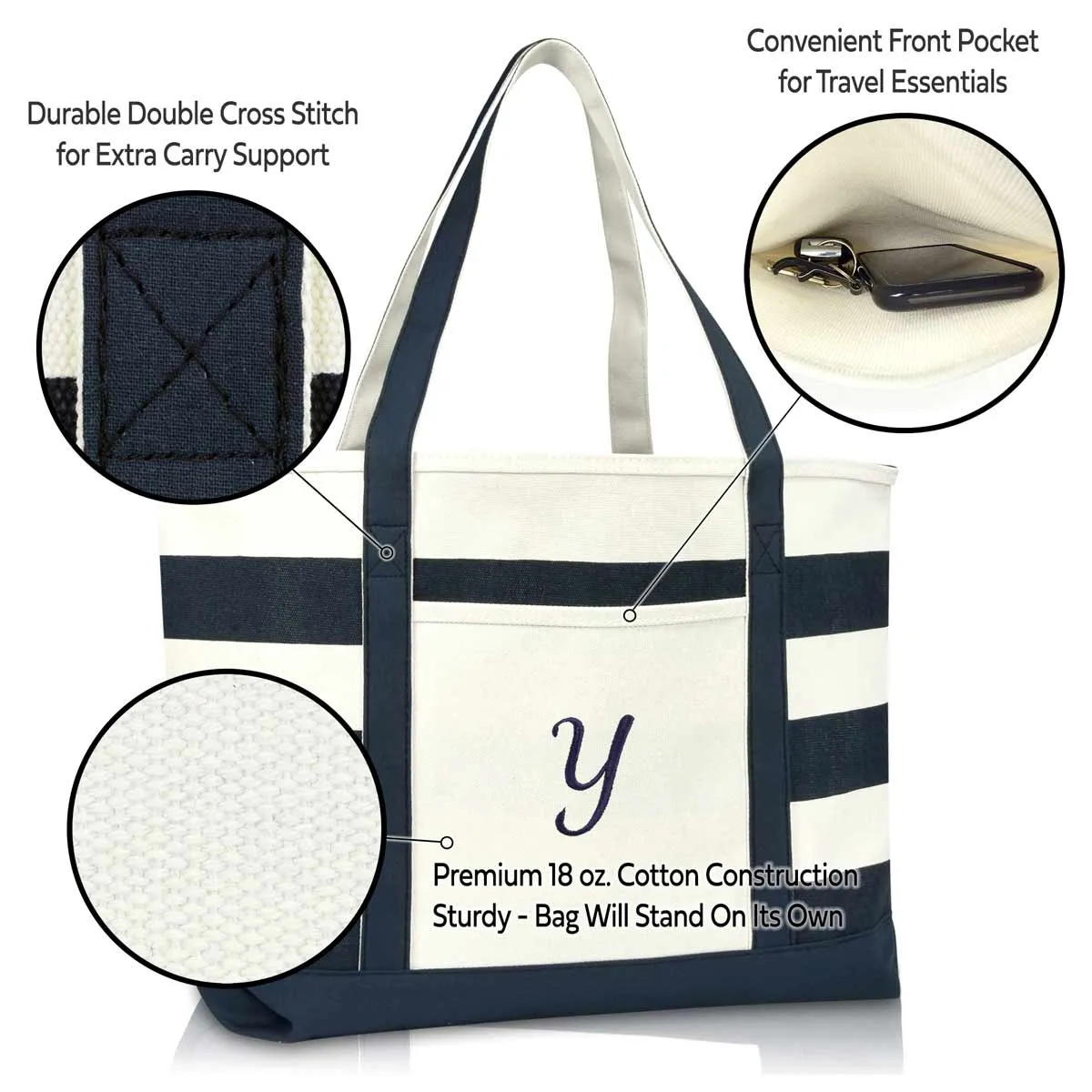 Dalix Premium Beach Bags Striped Navy Blue Zippered Tote Bag Monogrammed A-Z