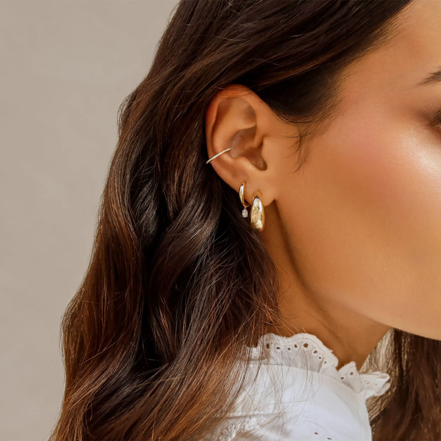 Diamond Oval Drop Gold Dome Huggie Earring