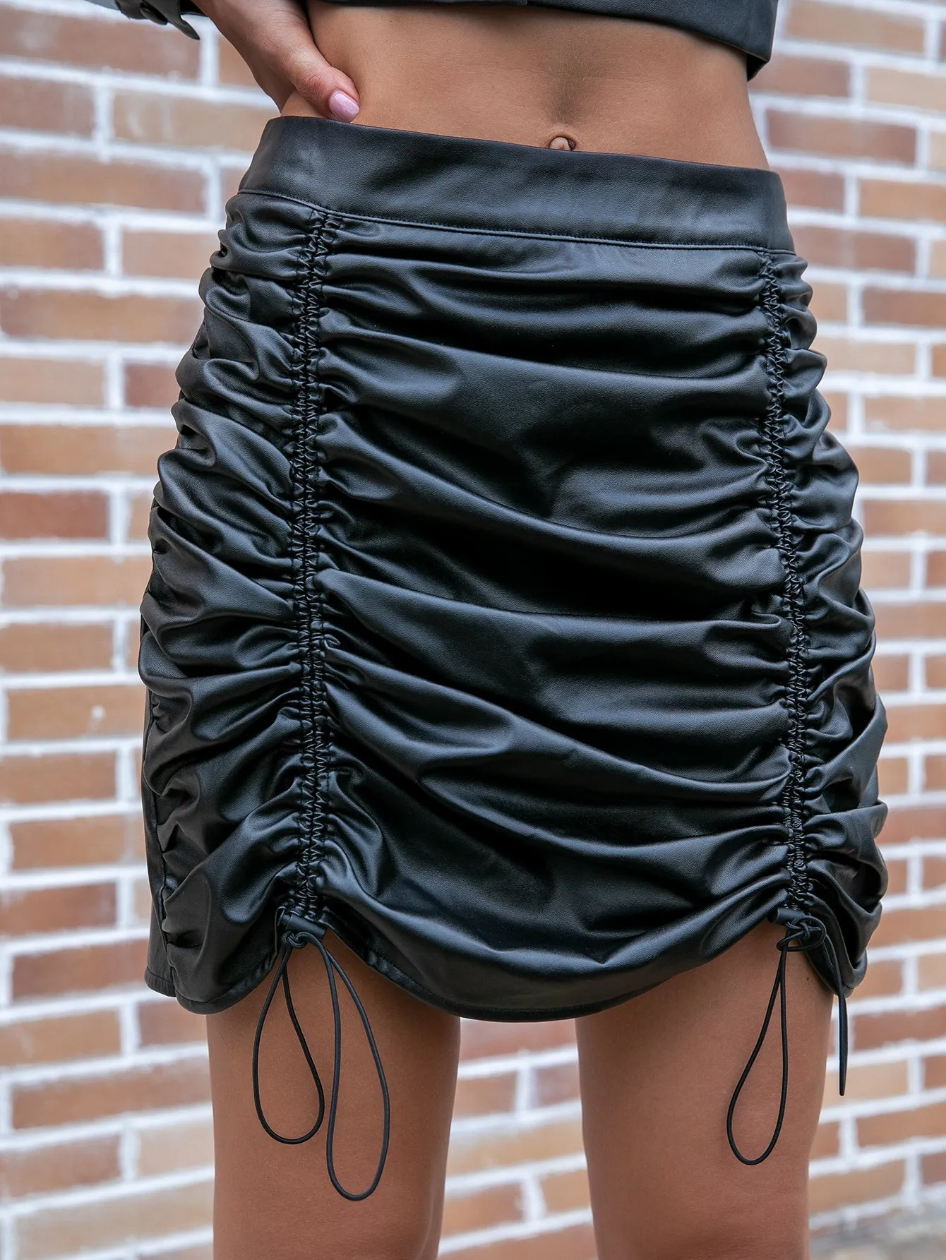 Drawstring Ruched PU Leather Skirt