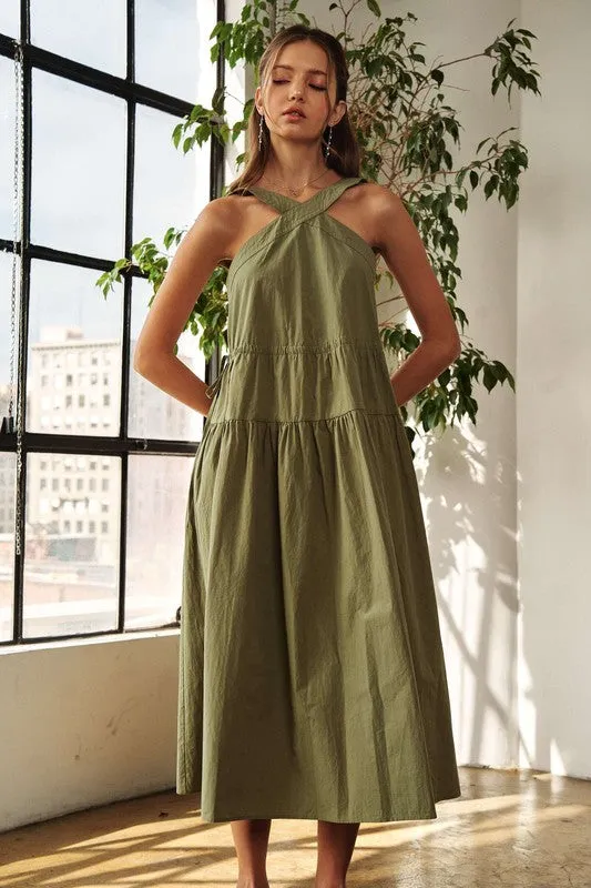 Green Crisscross Wide Strap Drawstring Detail Midi Dress