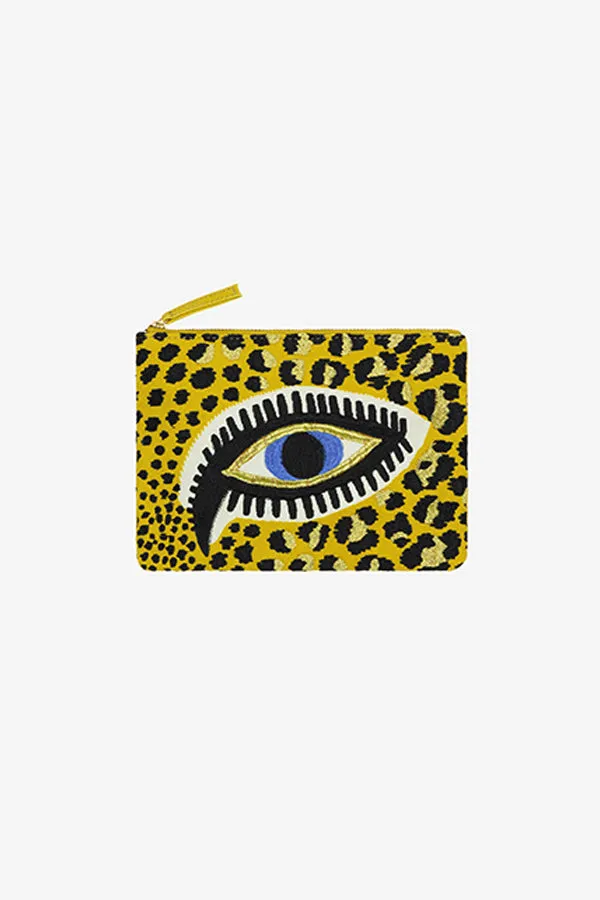 LEOPARD EYES YELLOW EMBROIDERED POUCH