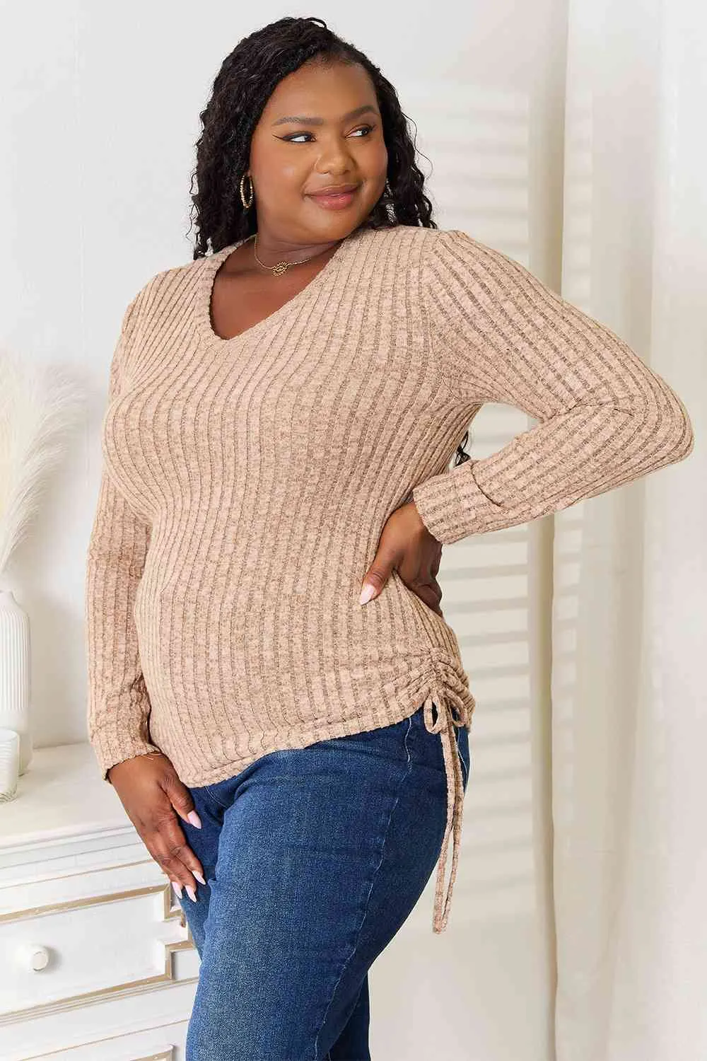 Makayla Drawstring Ribbed Long Sleeve T-Shirt - Online Exclusive