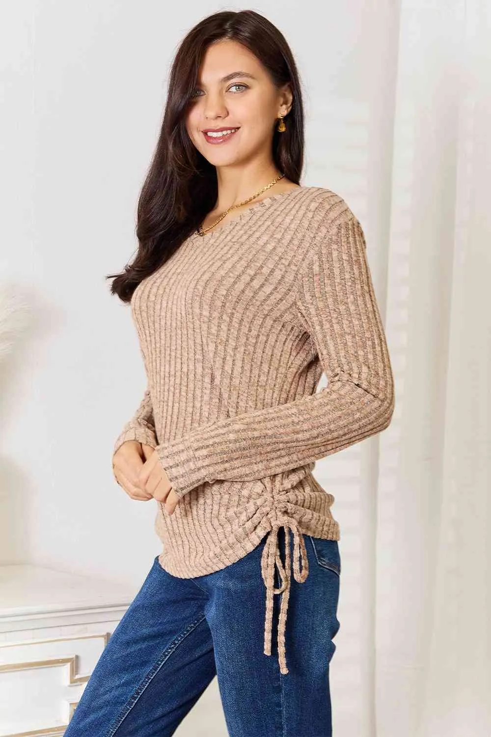 Makayla Drawstring Ribbed Long Sleeve T-Shirt - Online Exclusive