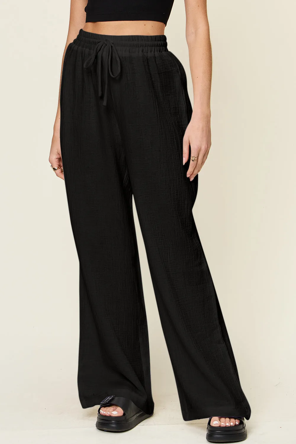 Teagan Full Size Texture Drawstring Wide Leg Pants