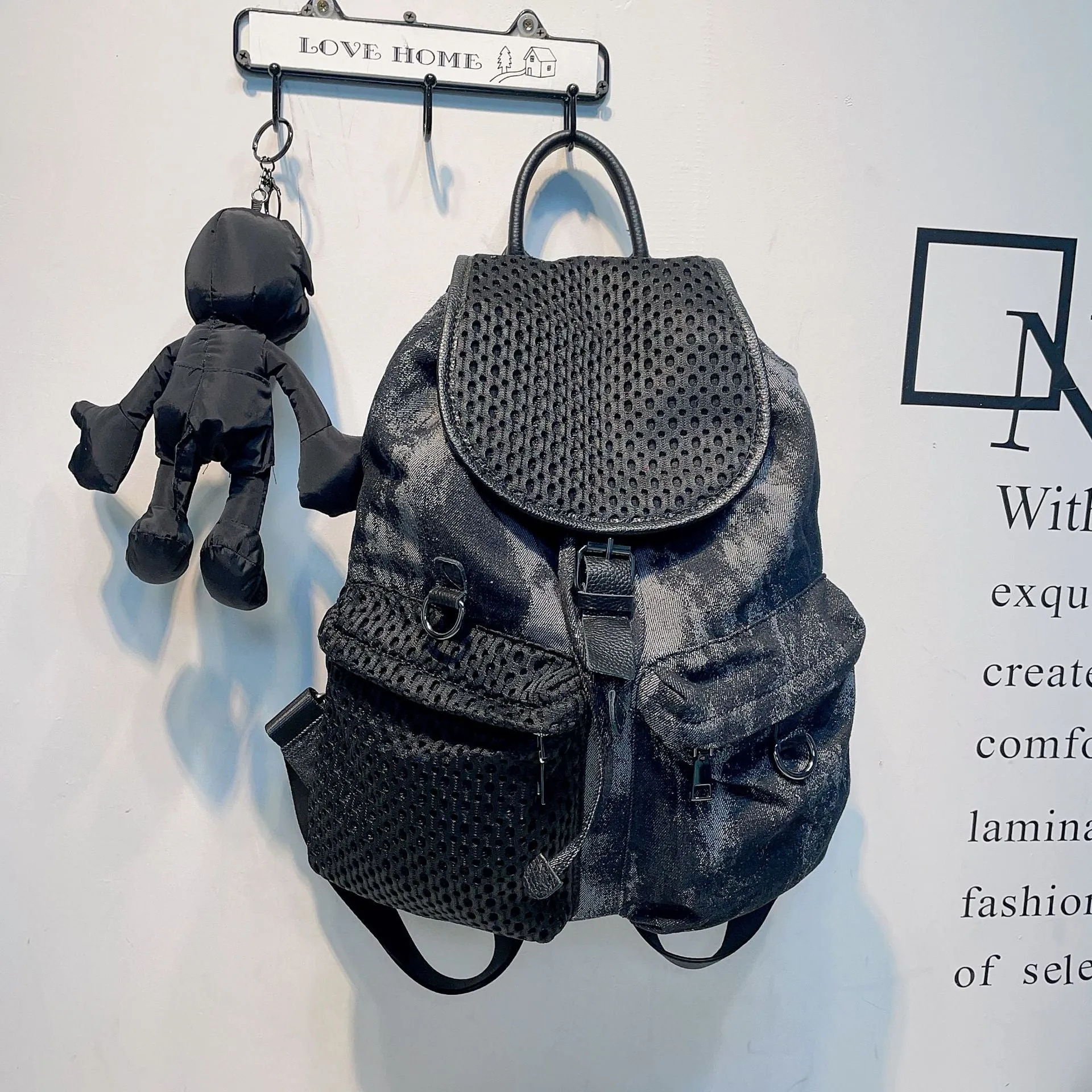 Women's Denim Vintage Drawstring Flip Practical Straps Backpacks